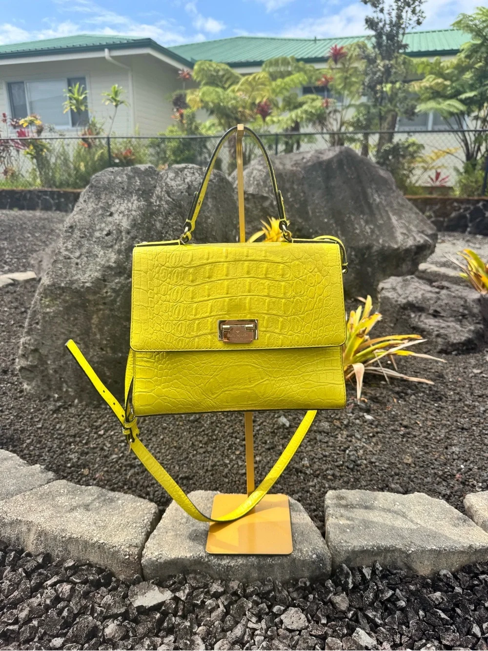Kate Spade New York Yellow Croc Embossed Leather Satchel Crossbody Bag